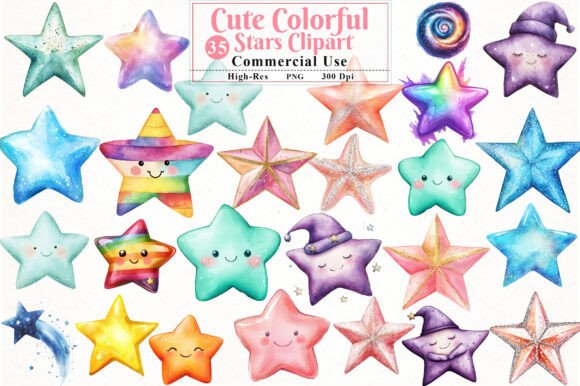 Cute Colorful Watercolor Stars Clipart