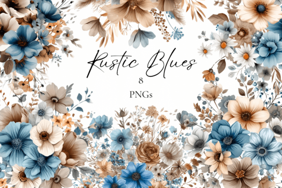 Elegant Floral Clipart: Blue and Neutral Palette
