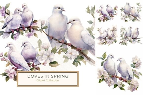 Elegant White Doves on Floral Branch: A Design Asset