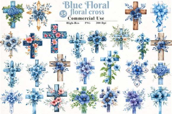 Elevate Your Designs with Watercolor Blue Floral Cross Clipart
