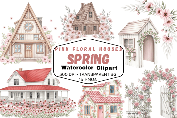 Enchanting Pink Floral Spring Houses Clipart for Designers