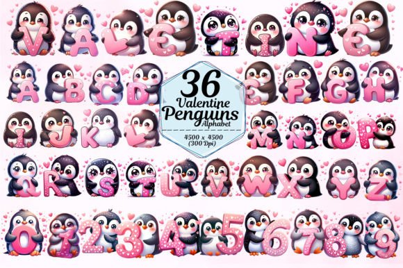 Valentine Penguins Alphabet Doodle: Creative Asset for Designers