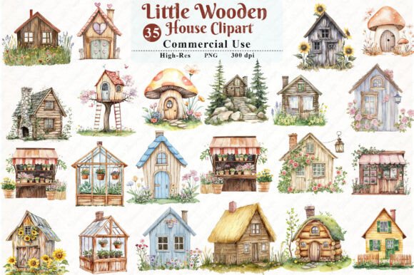 Watercolor Little Wooden House Clipart: Cozy Design Assets